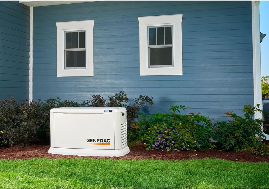 A Generac generator sits outside a home. 